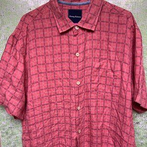 Tommy Bahama Island Zone Silk Blend Shirt Mens Size Large Pink Windowpane